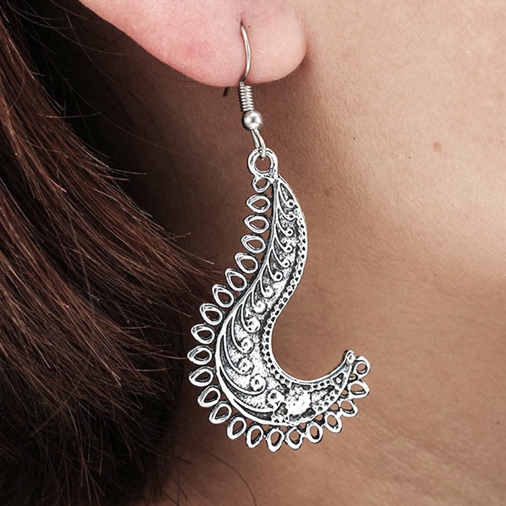 Boho Antiqued Silver Feather Drop Earrings